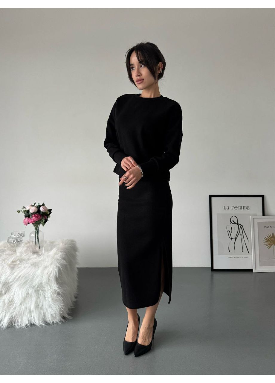 Жіночий костюм кофта та спідниця міді чорного кольору 36163 Fashion (370757699)