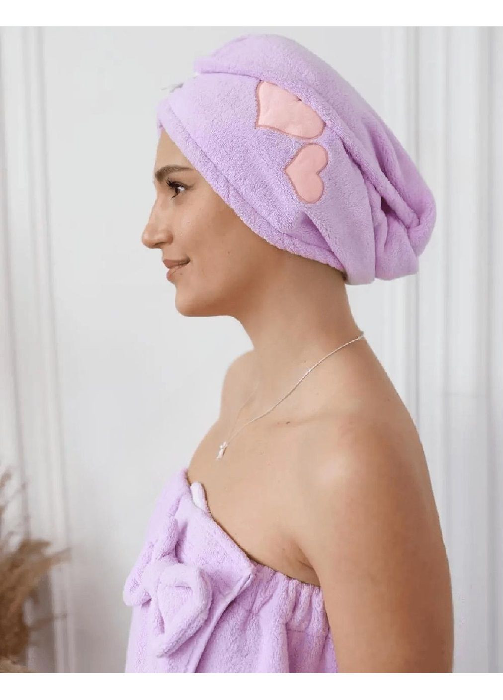 Набор женский полотенце халат для тела чалма на голову микрофибра для ванны бани сауны 140х80 см (478869-Prob) Сердце сиреневый Unbranded (314765681)