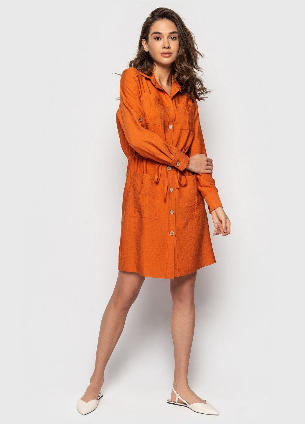 Оранжевое льняное платье на пуговицах German Volf однотонное