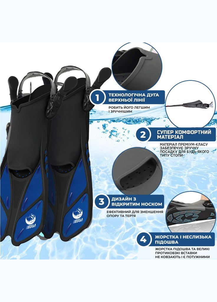 Спортивные ласты для плаванья Shark () регулируемые для дайвинга, снорклинга, бассейна, подводной охоты Длина 42 VelaSport (273422139)