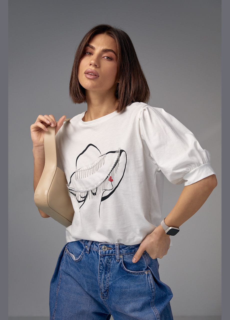 Женская футболка с рукавами-фонариками и принтом шляпки - молочный Lurex - (282957666)
