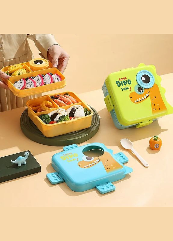 Детский ланч бокс на 2 яруса, 6 герметичных секций Super Dino 1.6л с соусницей 70мл, зеленый More (317253917)