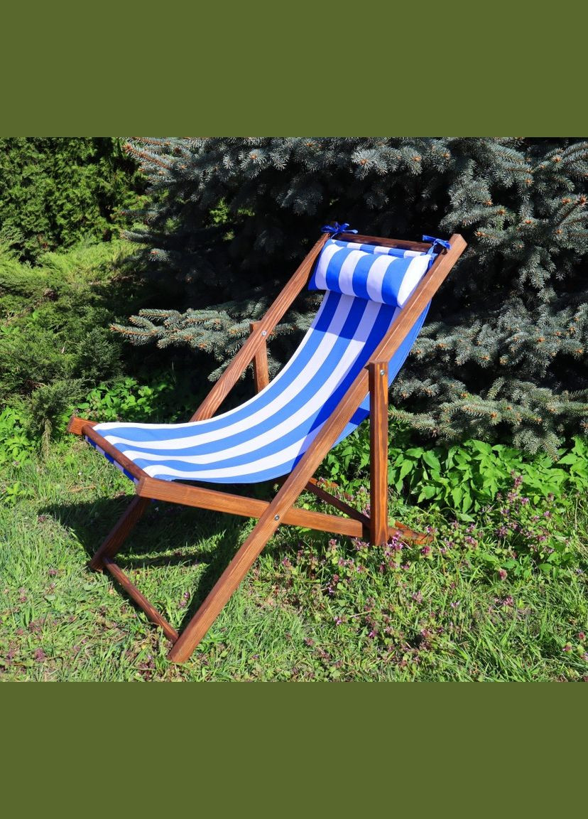 Розкладне дерев’яне крісло шезлонг з тканиною, для дачі, пляжу. Блакитний у смужку, колір каркасу: Коричневий No Brand (316221666)