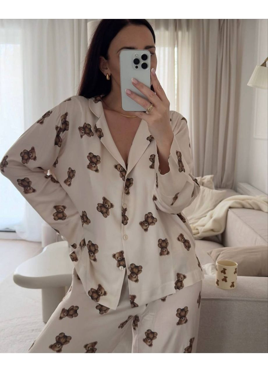 Молочная всесезон женская пижама с мишками рубашка + брюки No Brand
