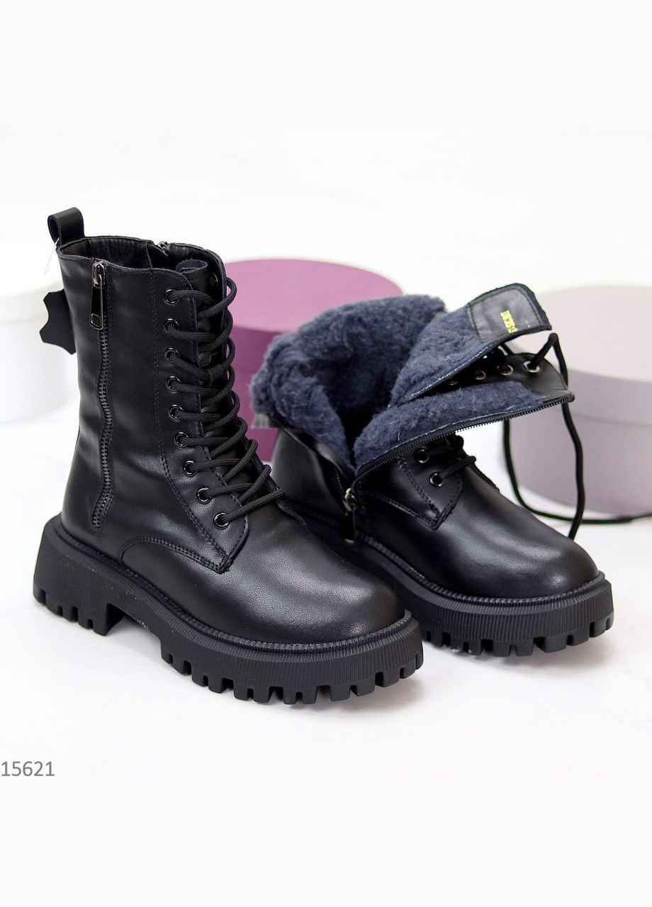 Шкіряні зимові черевики з натуральним хутром на шнурівках та змійкою, чорні високі черевики No Brand (366704502)