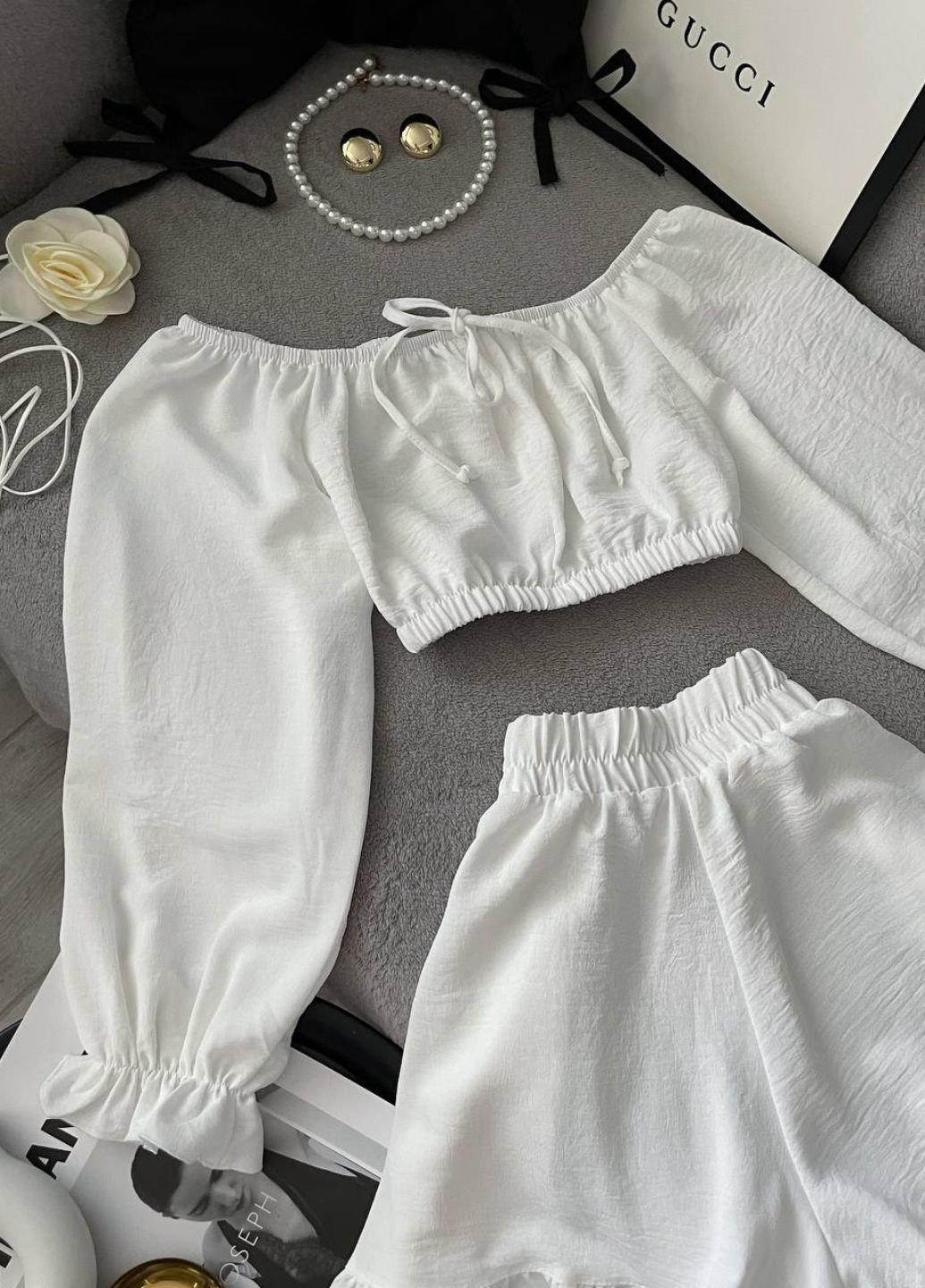 Вишуканий легкий літній костюм двійка з рюшами: топ + шорти Allthings (344448320)