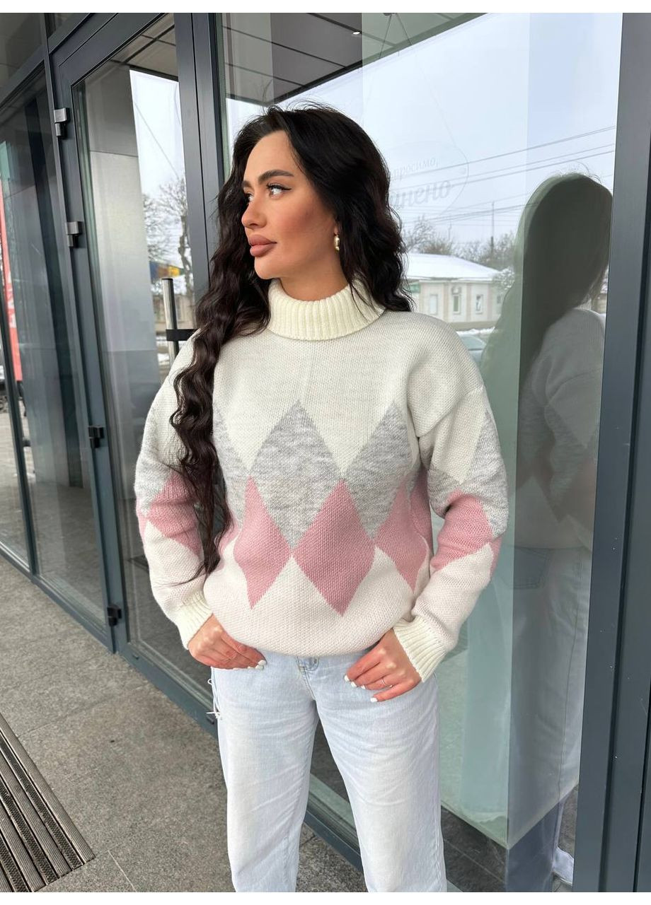 Молочный зимний тёплый полушерстяной свитер romb с высоким горлом! пуловер BANG__BOOOM