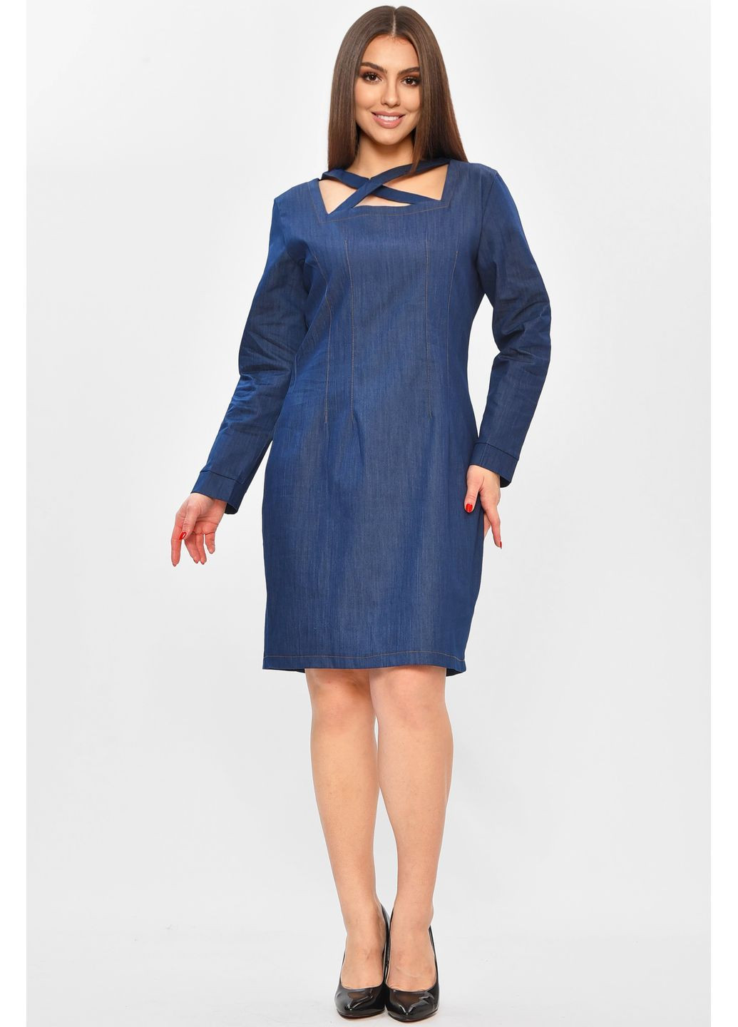 Темно-синя повсякденний сукня жіноча однотонна темно-синього кольору з баскою Let's Shop однотонна