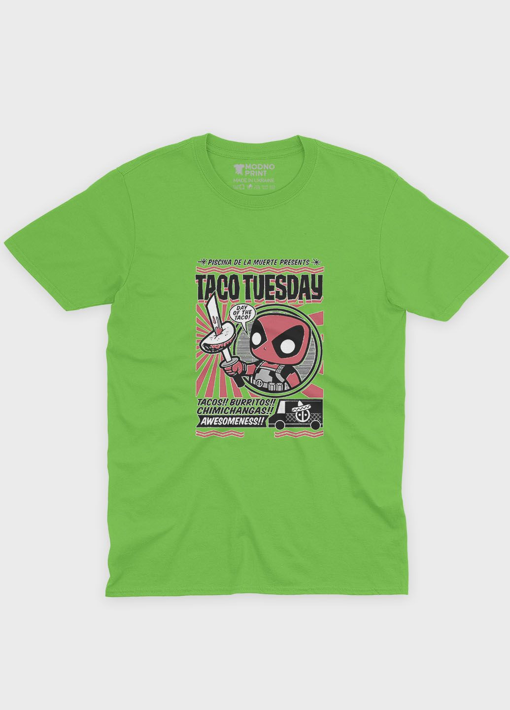 Салатова демісезонна футболка для хлопчика з принтом антигероя - дедпул (ts001-1-kiw-006-015-011-b) Modno