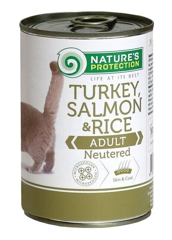 Влажный корм для стерилизованных кошек и кошек с индейкой, лососем и рисом Neutered Turkey, Salmon&Rice 400г Nature's Protection (334179496)