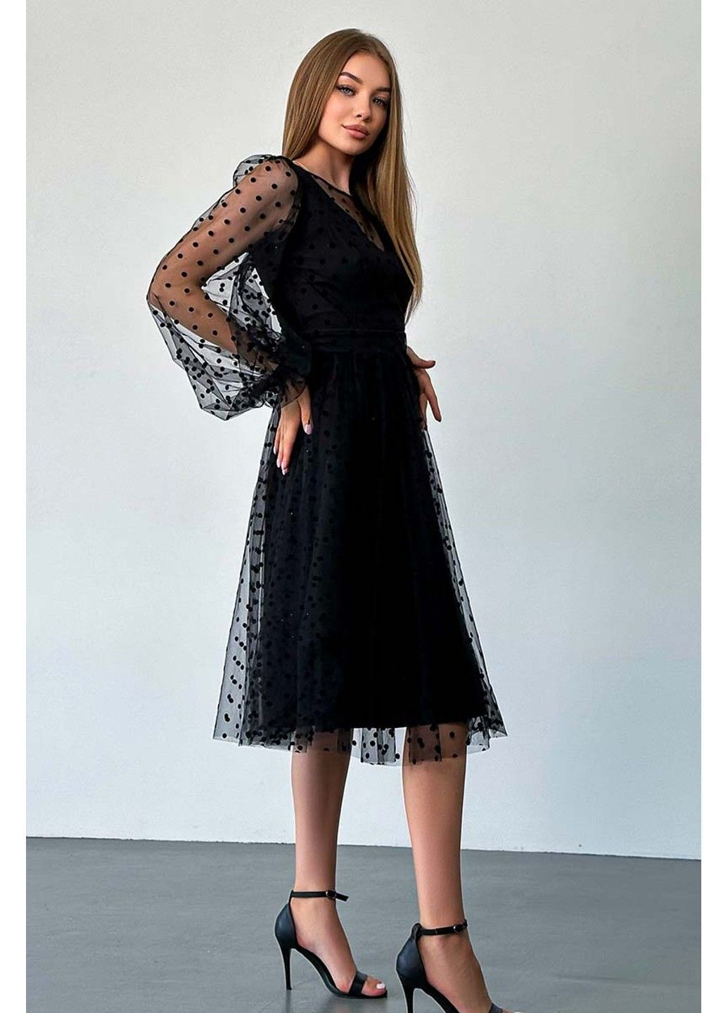 Чорна коктейльна сукня сітка флок 23065 чорний Tanita-Romario
