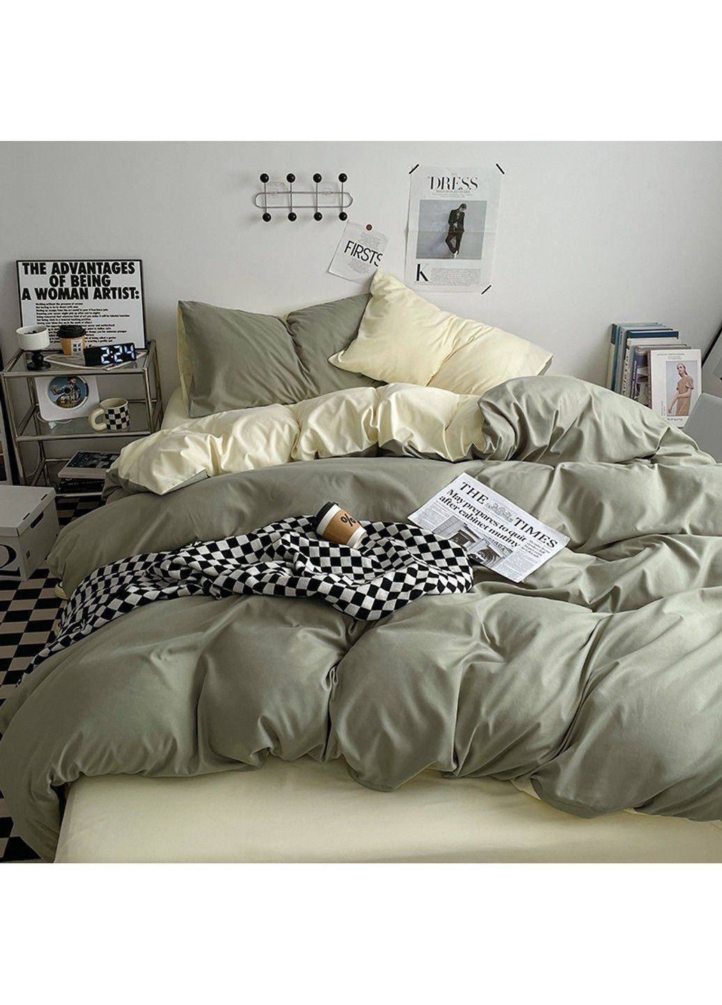 Постельное белье двуспальное из вареного хлопка оливкового цвета. No Brand (366964656)