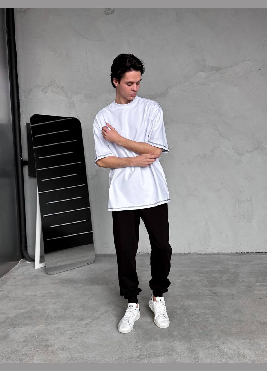 Чорно-білий літній костюм оверсайз штани + футболка з чорними швами брючний Vakko