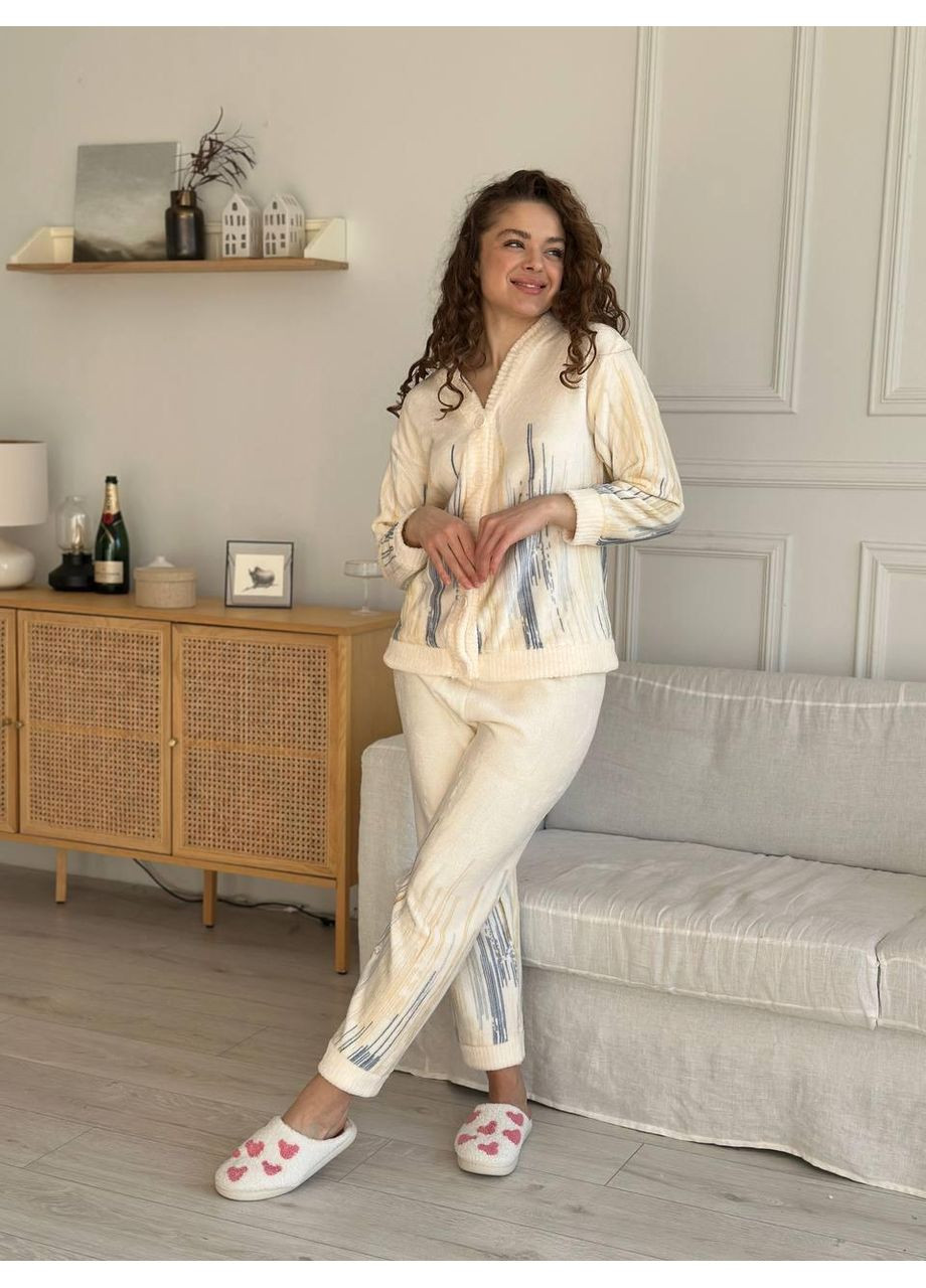 Біла піжама кремового кольору з абстрактним принтом із м’якого велюру. домашній костюм бежево-кремовий велюровий з малюнком. No Brand