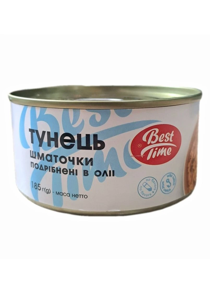 Тунець шматочки подрібнені в соєвій олії Best Time 185 г No Brand (393588182)