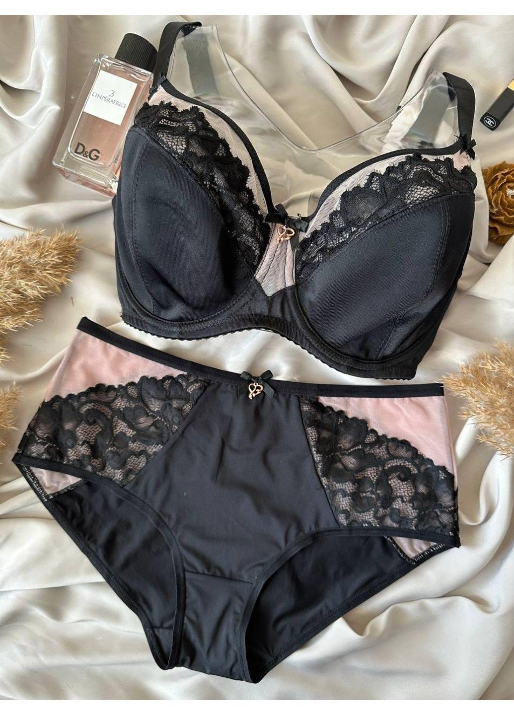 Чорний комплект бюстгальтер з трусиками максі 11533 чорно-бежевий Lanny Mode