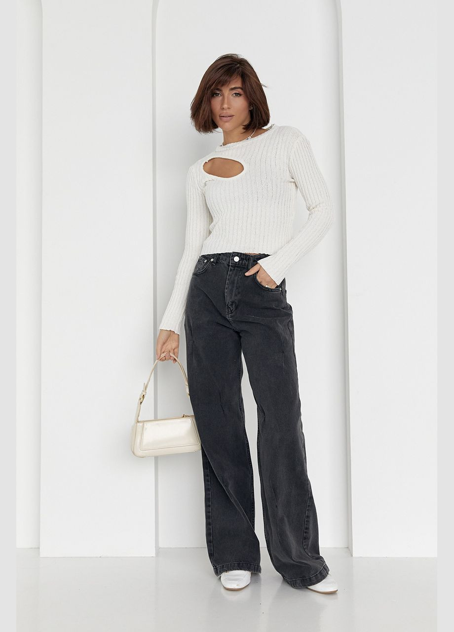 Молочний демісезонний джемпер в рубчик з асиметричним вирізом - молочний колір, one size (sku_1255) No Brand