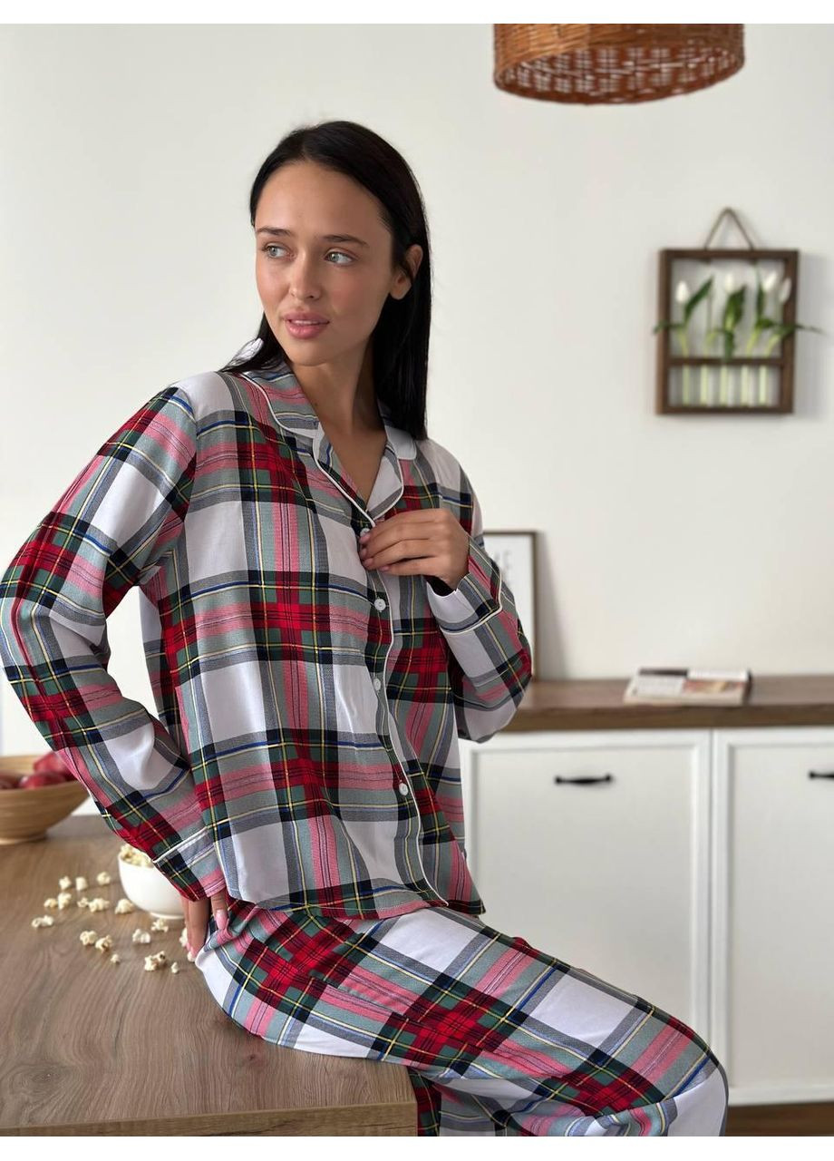 Комбінована жіноча піжама з віскози у клітинку / жіноча піжама віскозна з довгим рукавом / жіноча піжама у клітинку з віскозної тканини No Brand