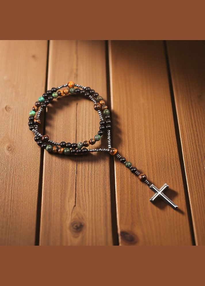 Чотки-підвіска з натурального каміння з хрестиком, 60 см — обсидіан, тигрове око, лазурит No Brand (338379219)