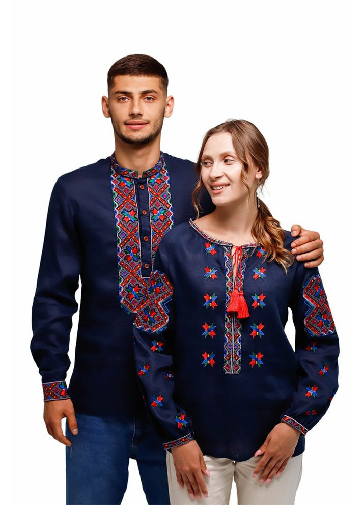 Тёмно-синяя женская вышиванка из льняного полотна с яркой красно-синей вышивкой (fm2146) Folk Moda (365729679)