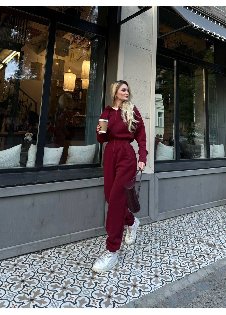 Комбинезон женский Україна однотонный бордовый повседневный трехнитка с начесом