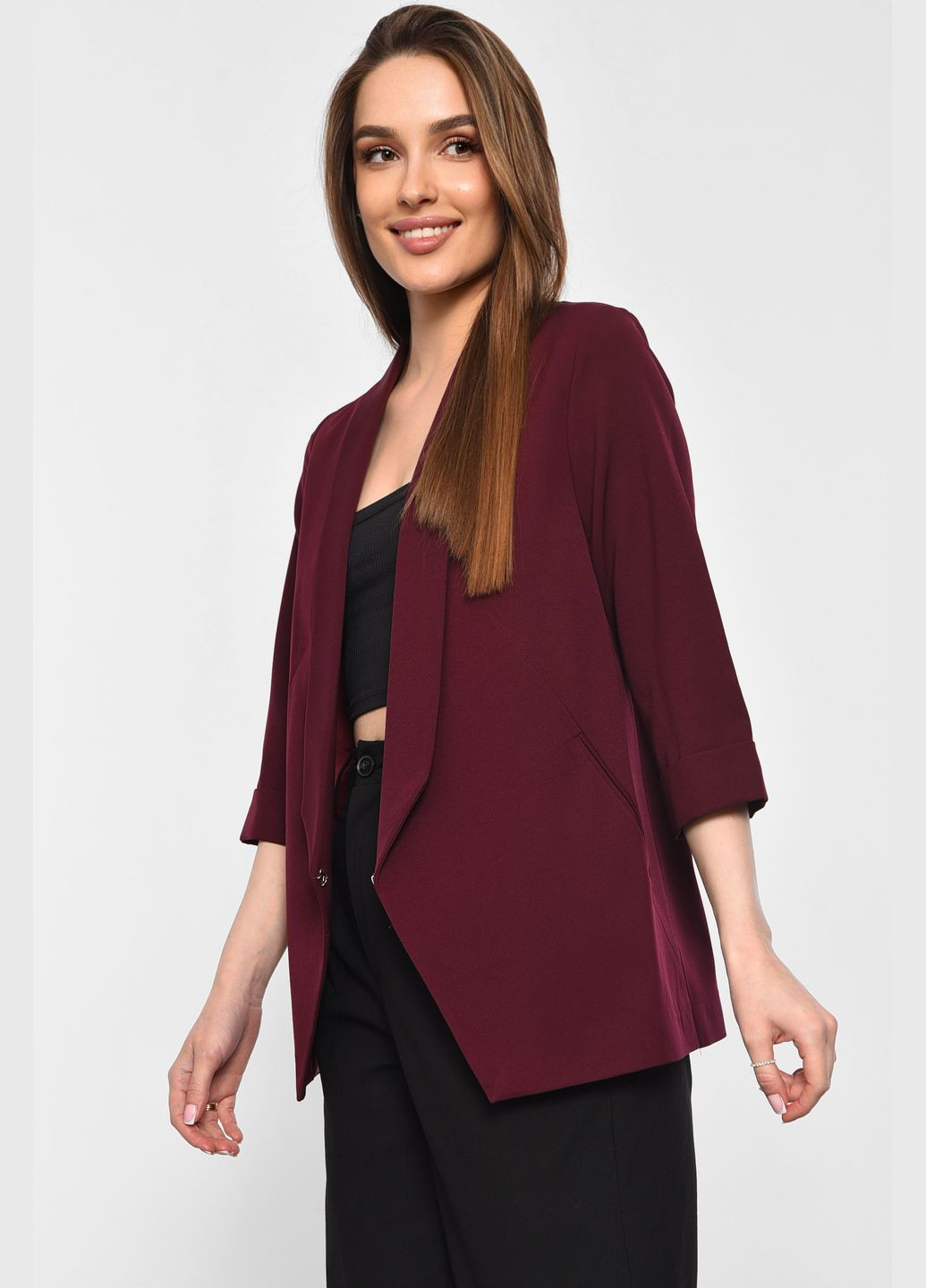 Бордовый женский пиджак женский бордового цвета Let's Shop с орнаментом - демисезонный