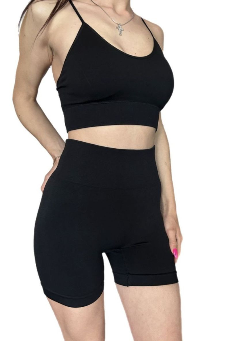 Комплект для фітнесу (спортивний костюм) топ та шорти з відкритою спинкою 19017 S чорний Fashion (336547499)
