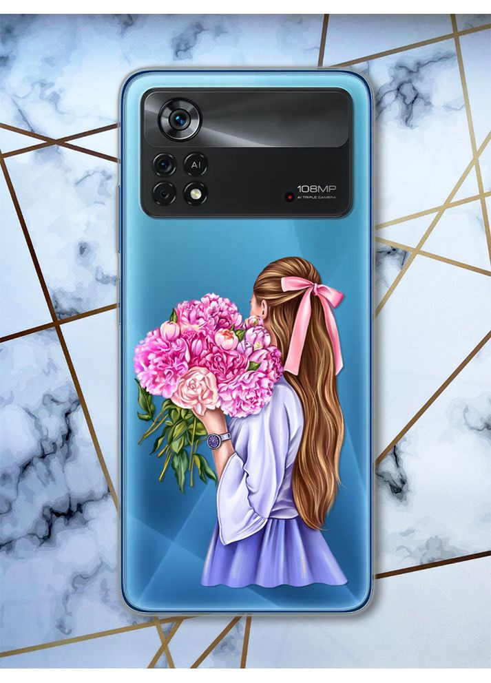 Прозорий чохол на Xiaomi Poco X4 Pro Дівчина з півоніями (принт 11) Creative (359487986)