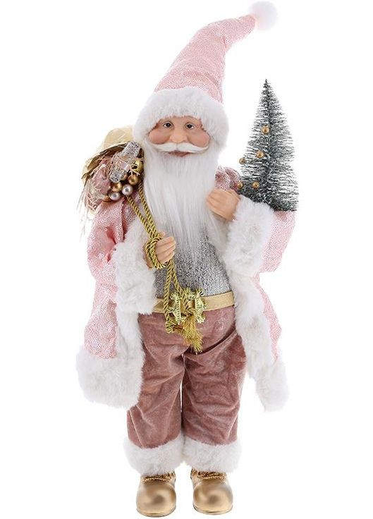 Новорічна фігура Санта Клаус із подарунками та ялинкою 45 см рожева срібляста для прикраси інтер'єру Різдво BonaDi (368981929)