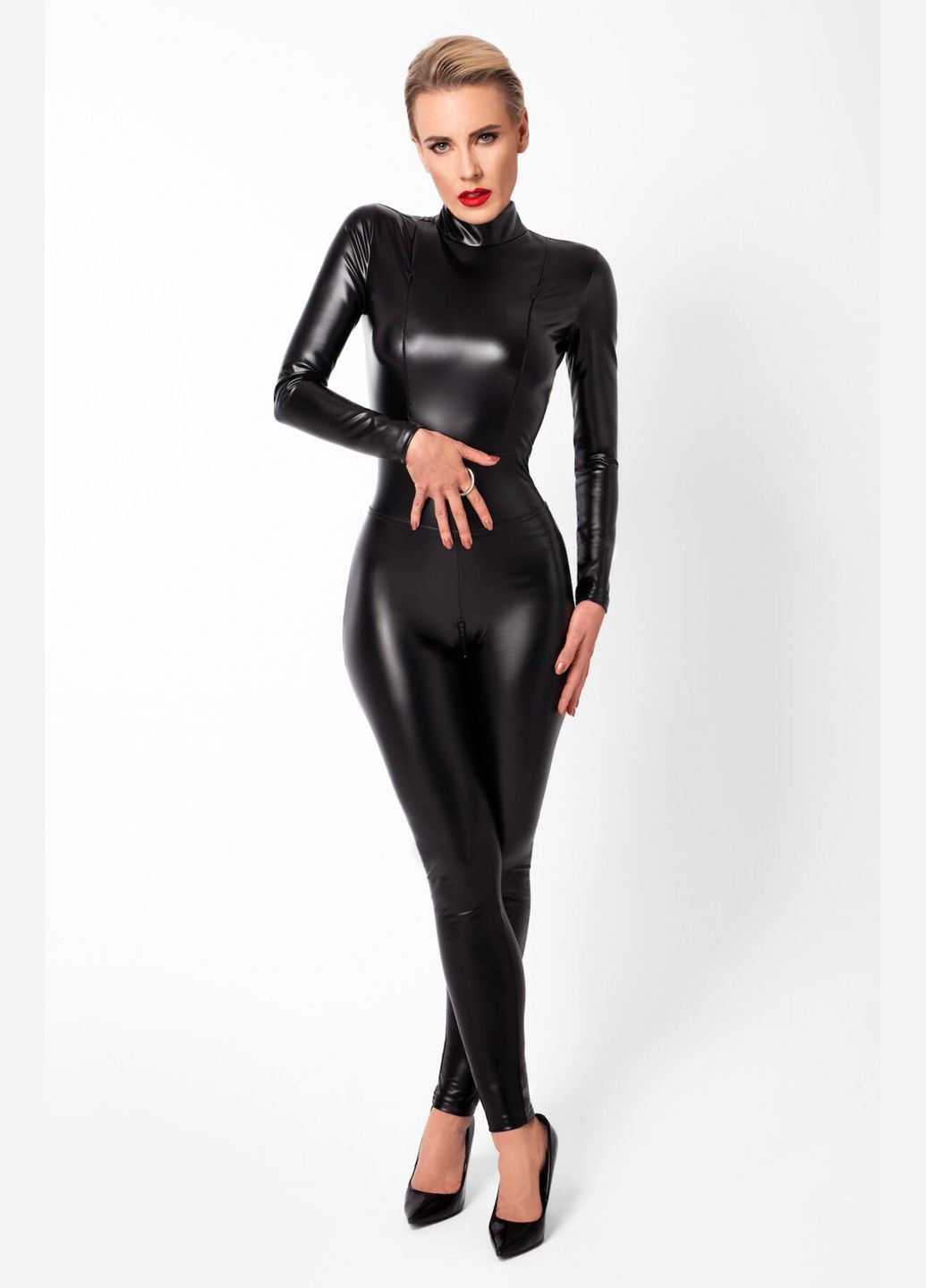 Комбинезон F319 Caged, 3XL, под латекс, длинный рукав, с доступом, кольцо на поясе - CherryLove Noir Handmade чёрный полиэстер, эластан