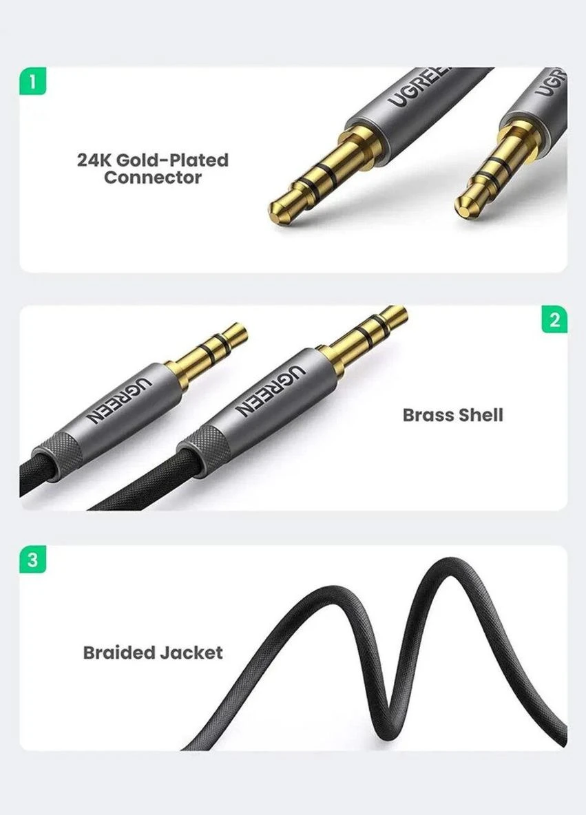 Аудио кабель AV150 3.5mm Cable Male to Male Alu Case Braid 1m (Silver gray)(UGR50355) Ugreen (301198293)