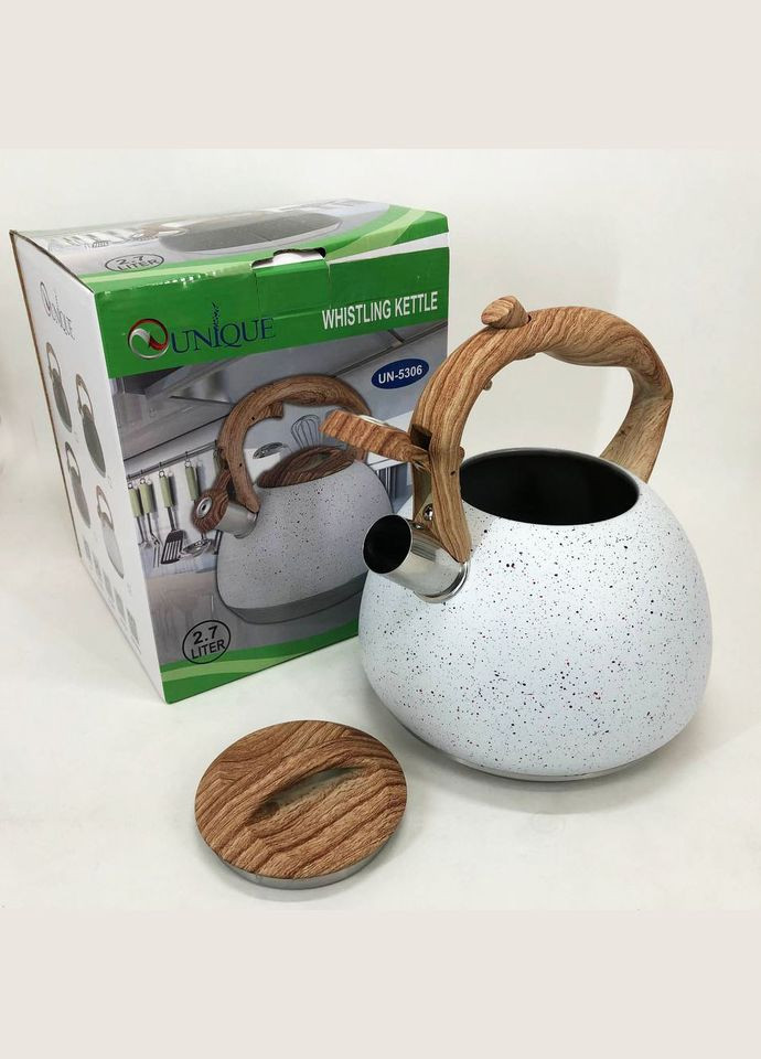 Чайник зі свистком UN-5306 2,7л мармур, чайник для газової плитки, чайник на плиту. Колір: білий Unique (364663831)