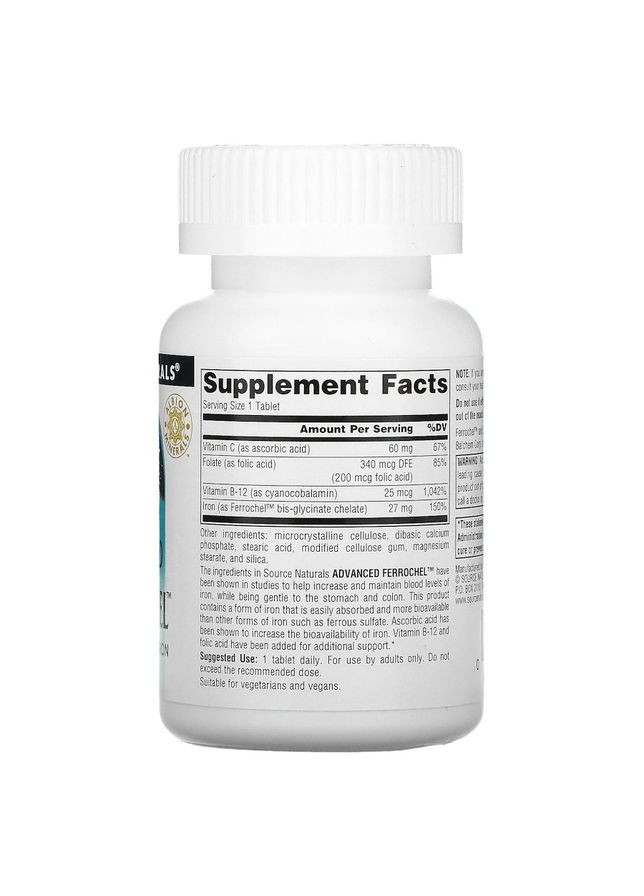 Витамины и минералы Advanced Ferrochel, 180 таблеток Source Naturals (322291813)