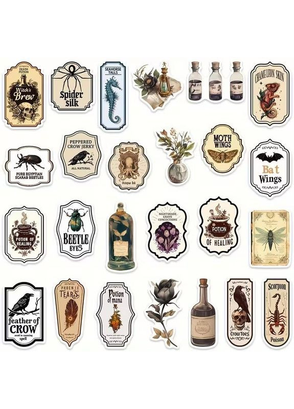 Наклейки стікери, набір наліпок 50 штук, наклейки стікери для скрапбукінгу, блокнотів, телефону та іншого, “Готична Магія” No Brand (370590737)