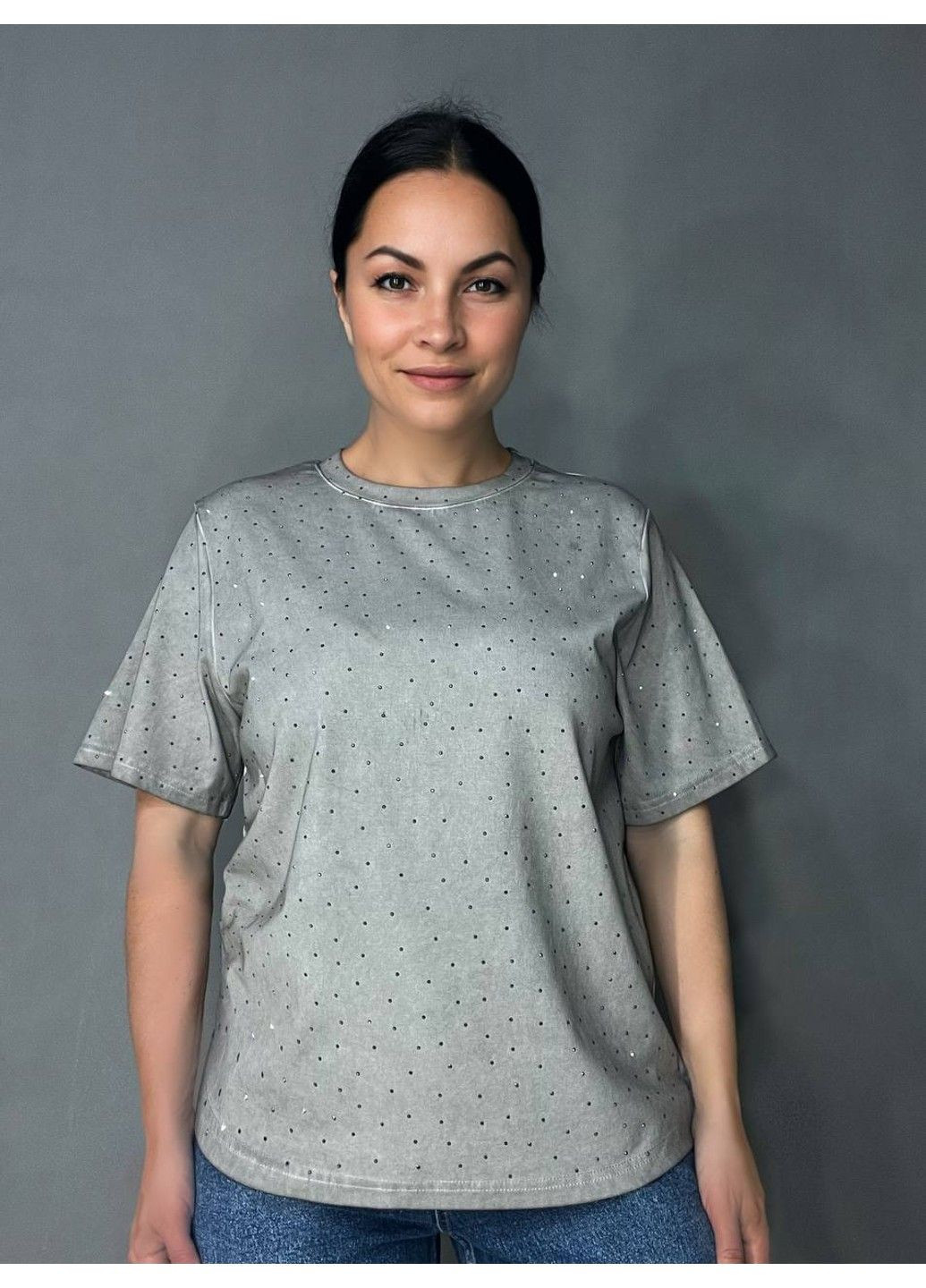 Футболка женская A-N 2668 вареная тай дай оверсайз с камешками серая No Brand - (336432867)