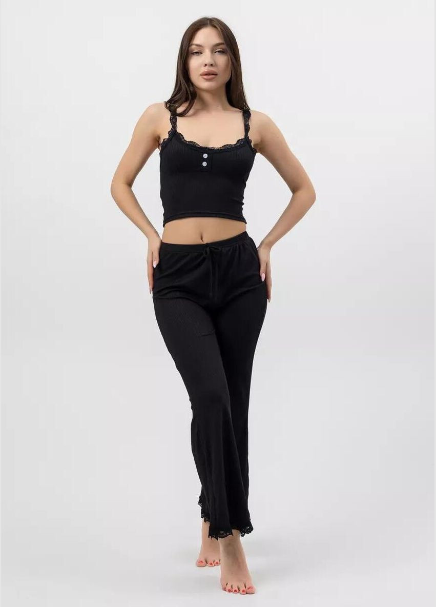 Чорна всесезон жіноча піжама двійка з топом на тонких бретелях + брюки вільного крою піжамний комплект в рубчик з мереживною обробкою майка + штани Cindylove