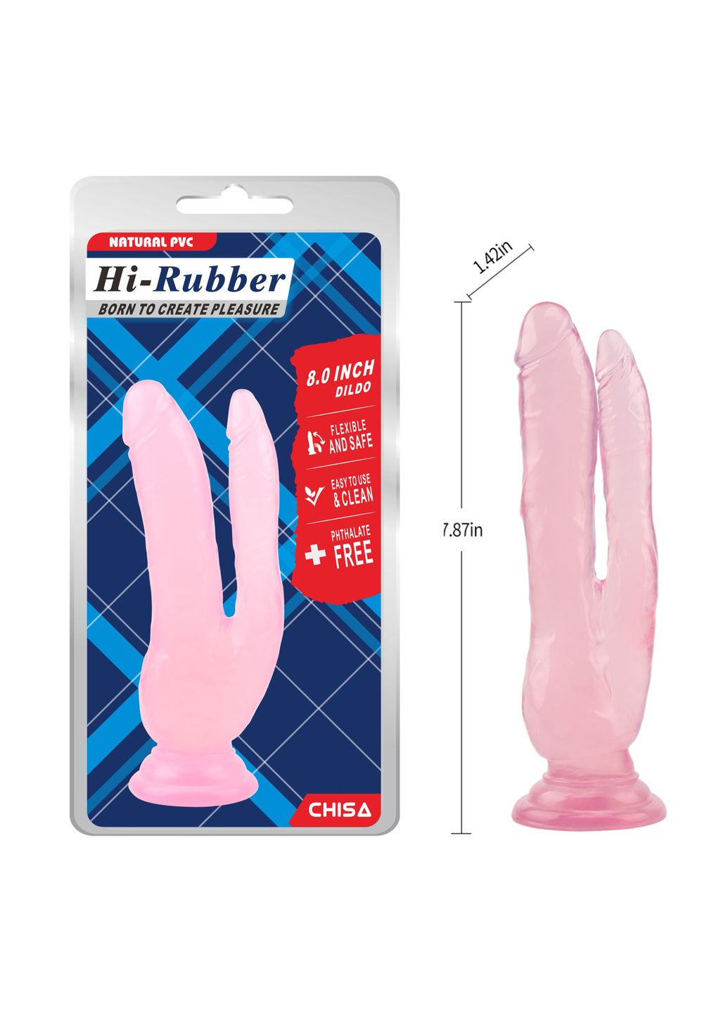 Фалоімітатор подвійний Hi-Rubber 8.0 на присосці, рожевий Chisa (364504345)