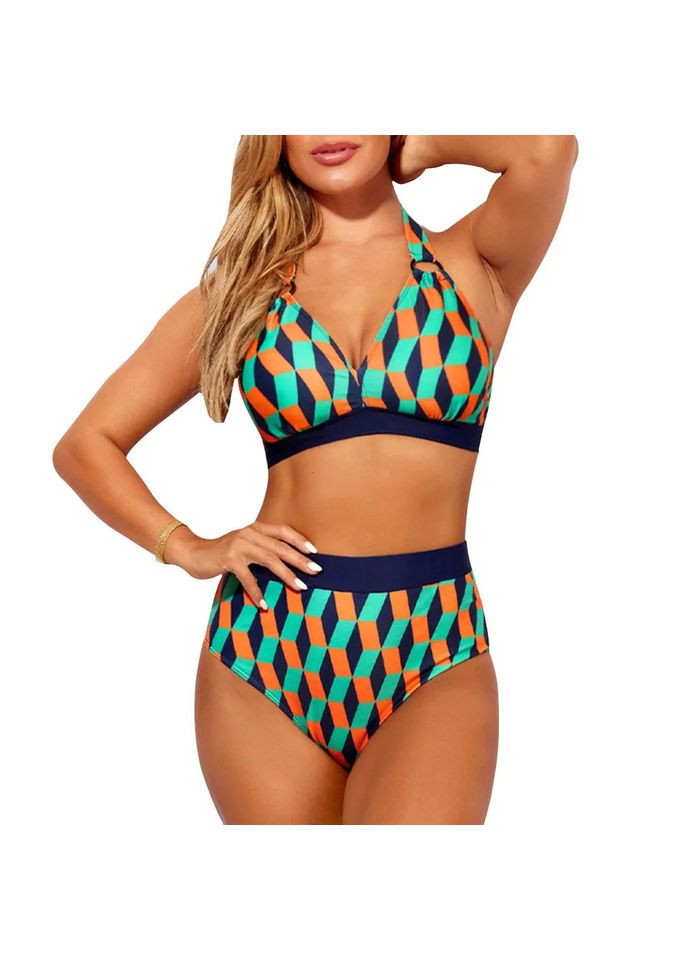 Синій літній купальник жіночий роздільний великих розмірів із високою талією кольоровий China