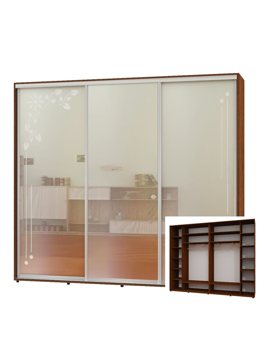 Шафа-купе тридверна 280*45*230 Горіх лісовий 2 Дзеркала з піскострумним малюнком/Дзеркало Люкс-149 Алекса (360445217)