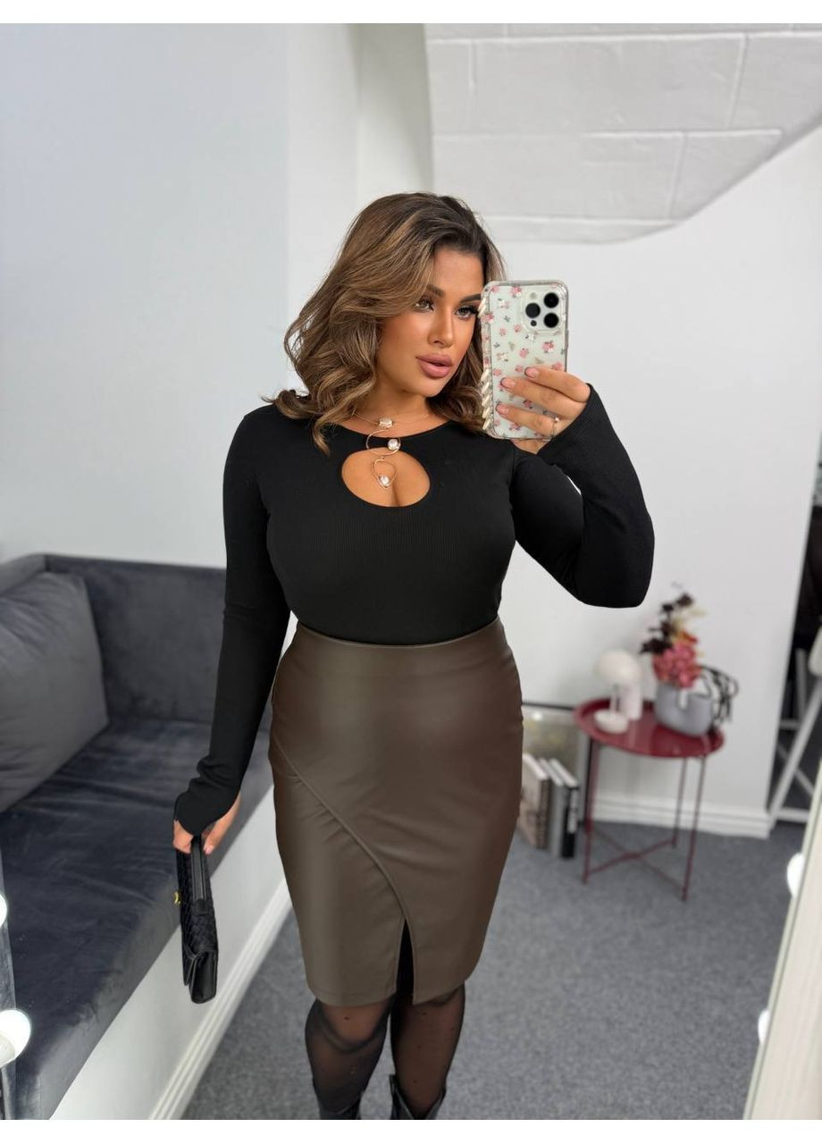 Коричневая теплая юбка женская экокожа на замше размеры 48-58 No Brand