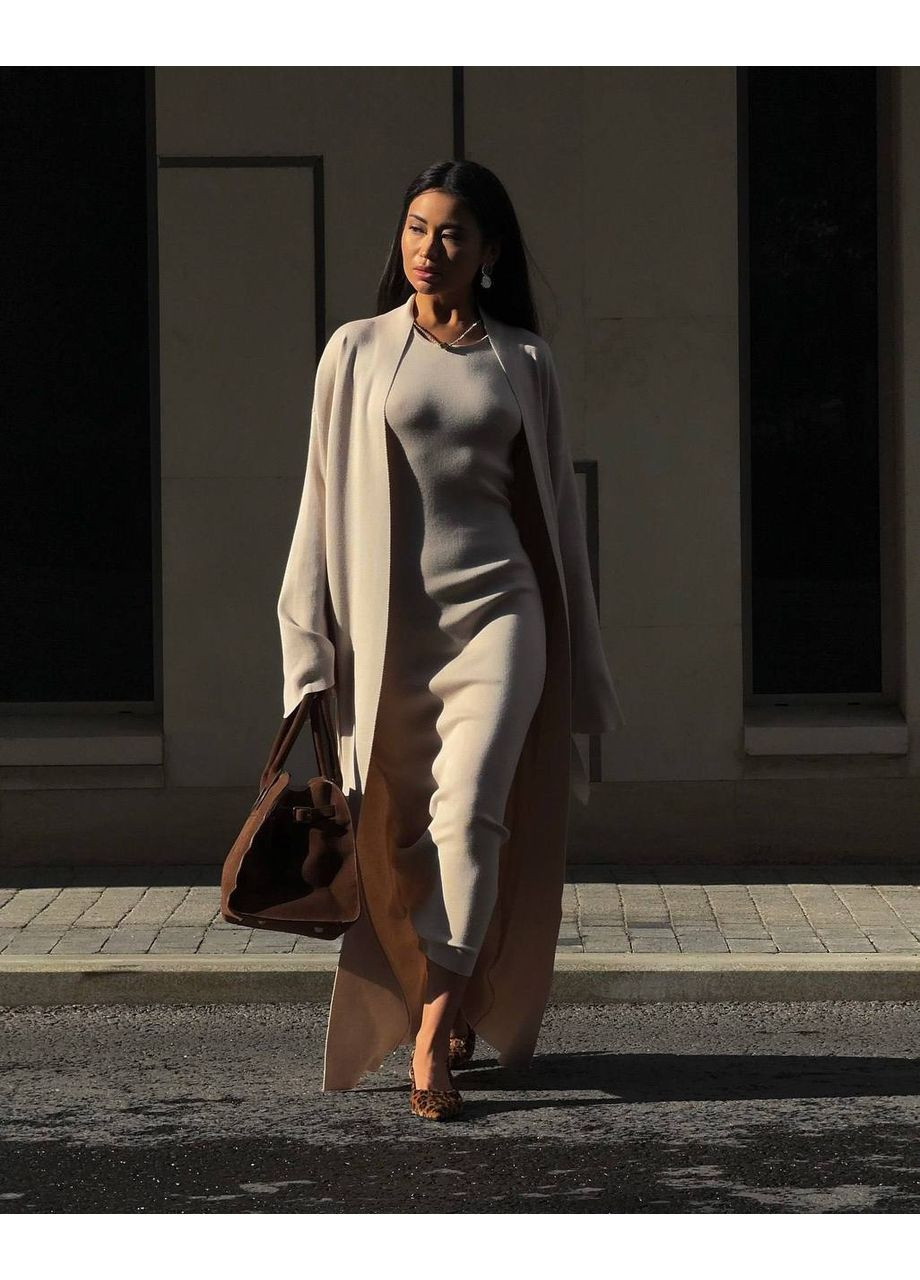 Бежевое кэжуал женский комплект: платье+кардиган Україна однотонное