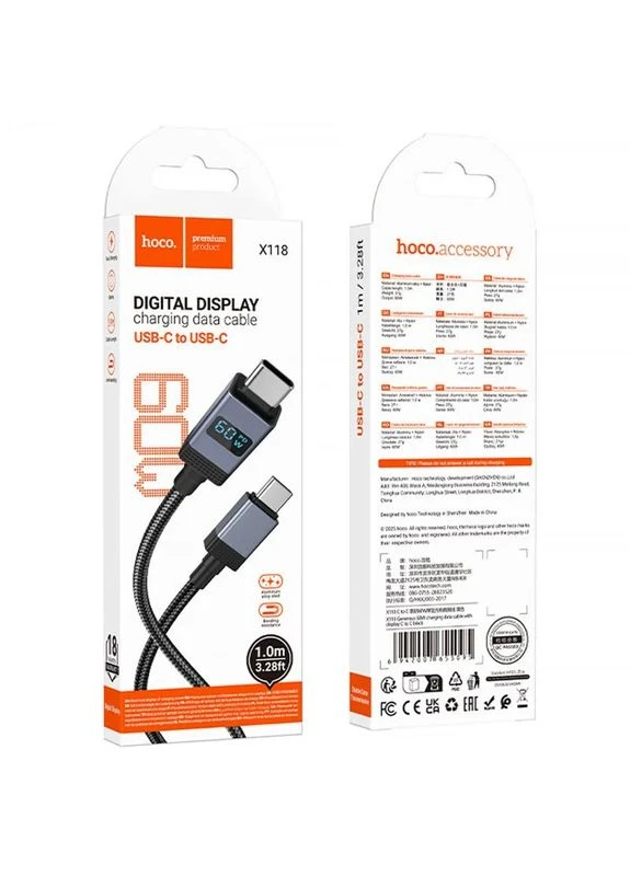 Дата кабель Hoco Type-C to Type-C 60W TPE + нейлон 1 м черный No Brand X118 Generous (402118877)