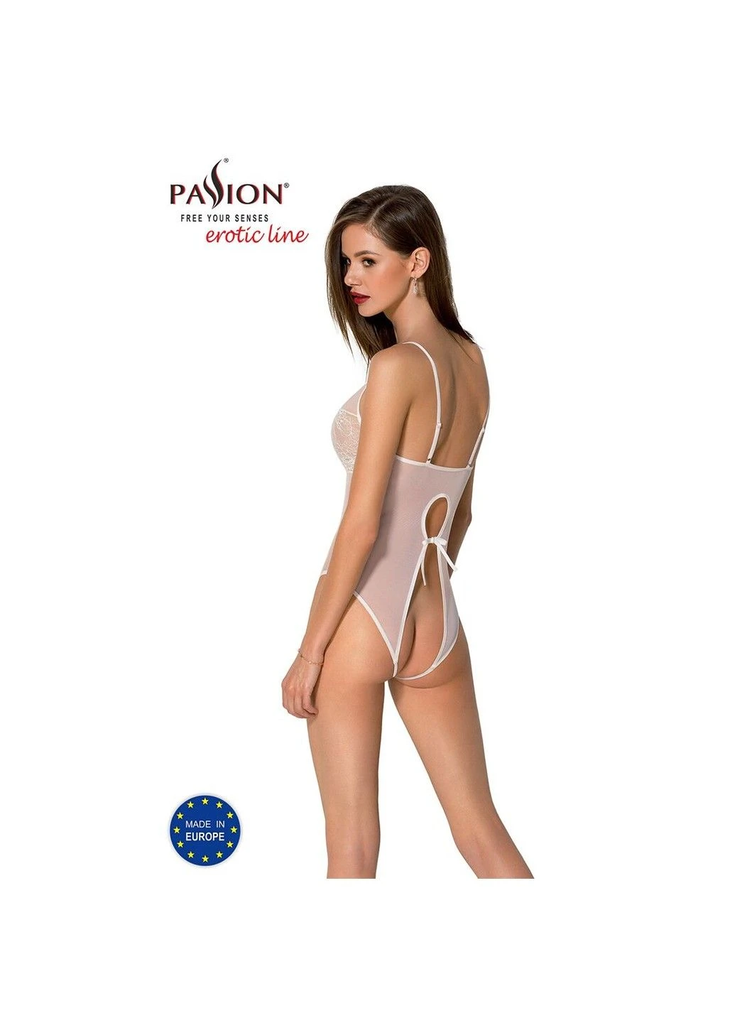 Напівпрозоре боді — Ursula Body White, з ажурним декором та відкритою промежиною Passion (334305573)
