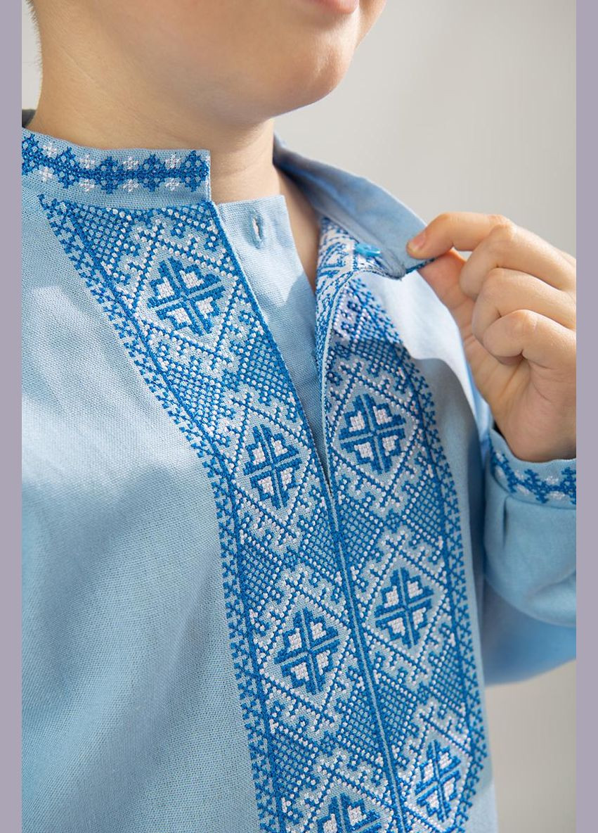 Блакитна вишиванка для хлопчика, льон, вишивка хрестиком, блакитна традиційна сорочка візерунок орнамент льон (313441168)