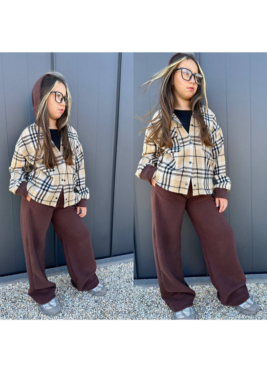 Бежевий комплект сорочка байка + штани на флісі для дівчаток No Brand