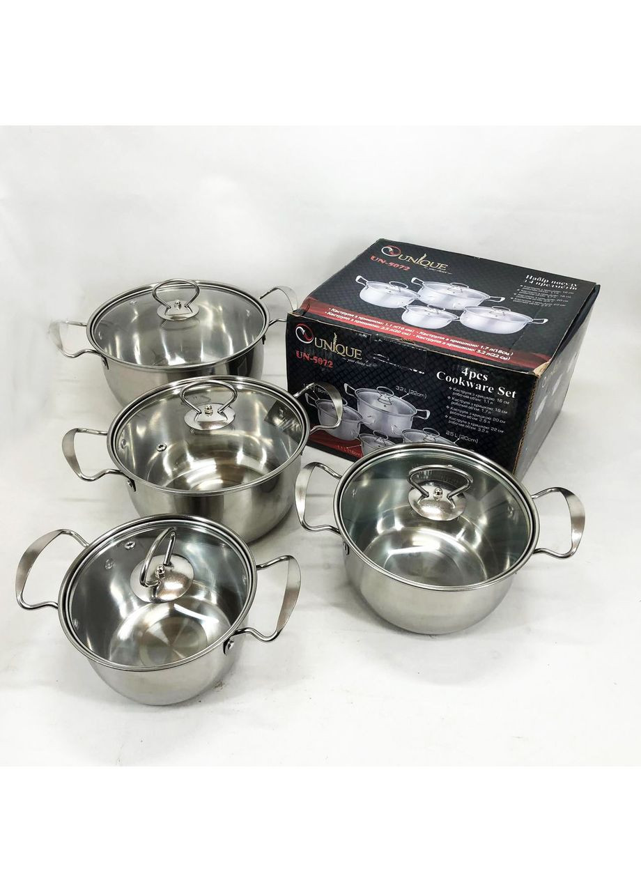 Набор кастрюль UN-5072 8 предметов нержавеющая сталь стеклянные крышки, Набор посуды для плит Unique (366238633)