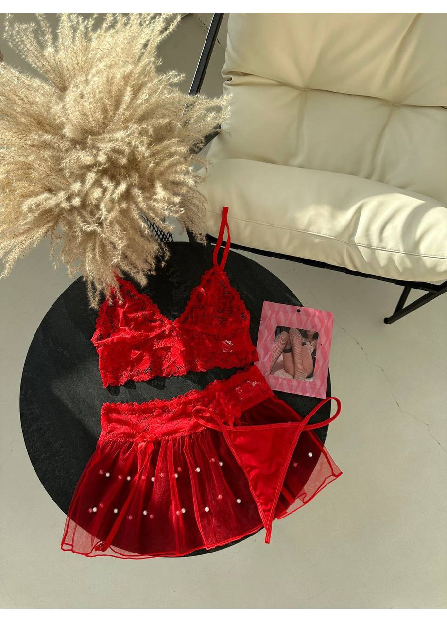 Красный балконет комплект женского белья | с прозрачной юбочкой Vital-Textile без косточек полиэстер, эластан