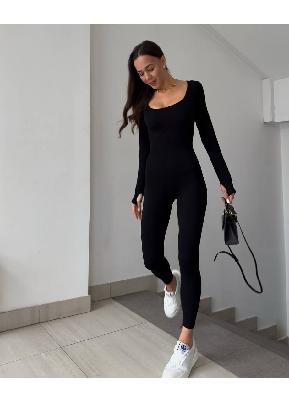 Жіночий комбінезон FINO Mode комбінезон-брюки чорний спортивний, повсякденний, вечірній, кежуал трикотаж, фліс