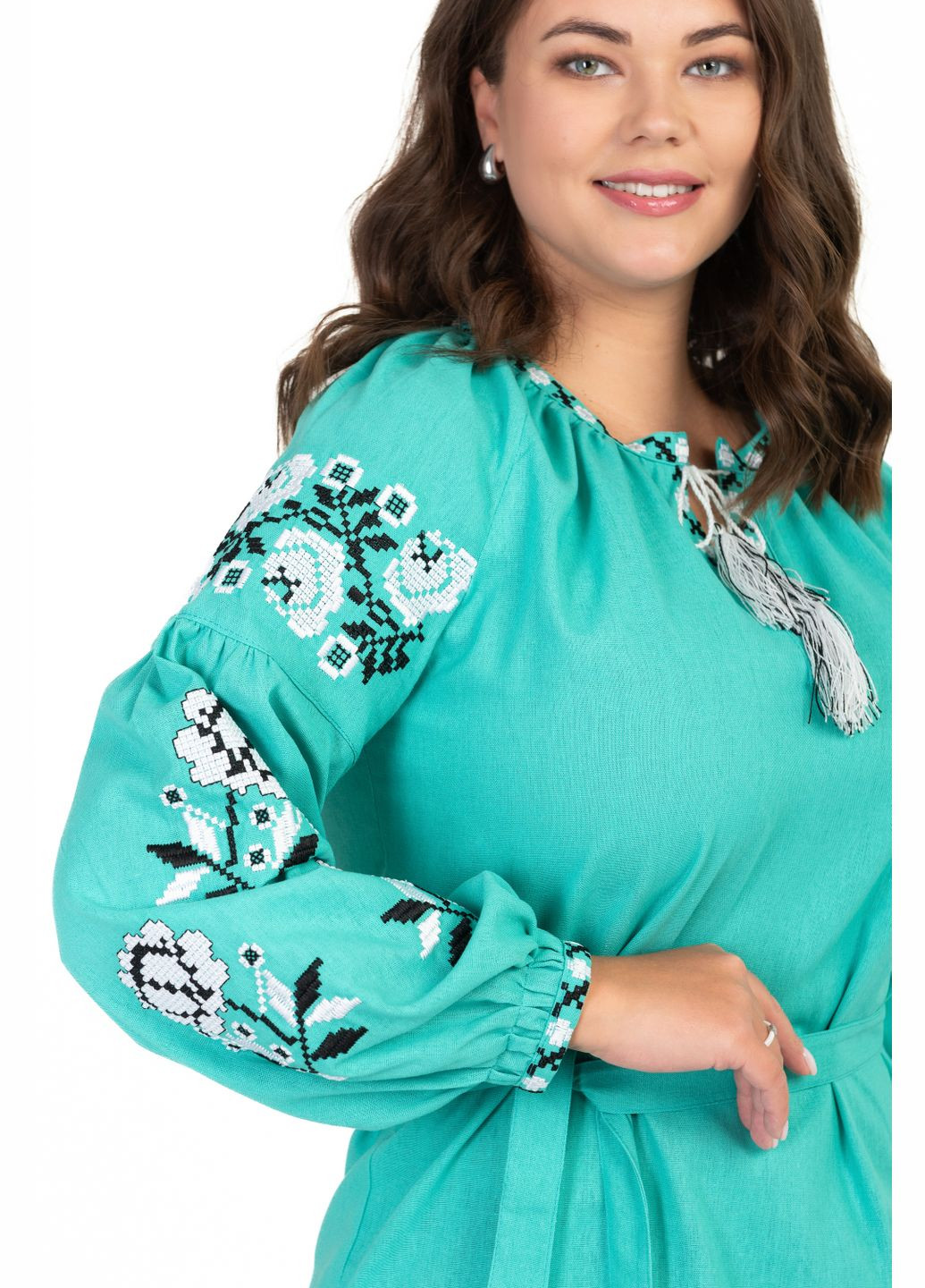 Бірюзова блузка з вишивкою жіноча троянди (бірюзовий) Golfstream пряма льон (338881491)