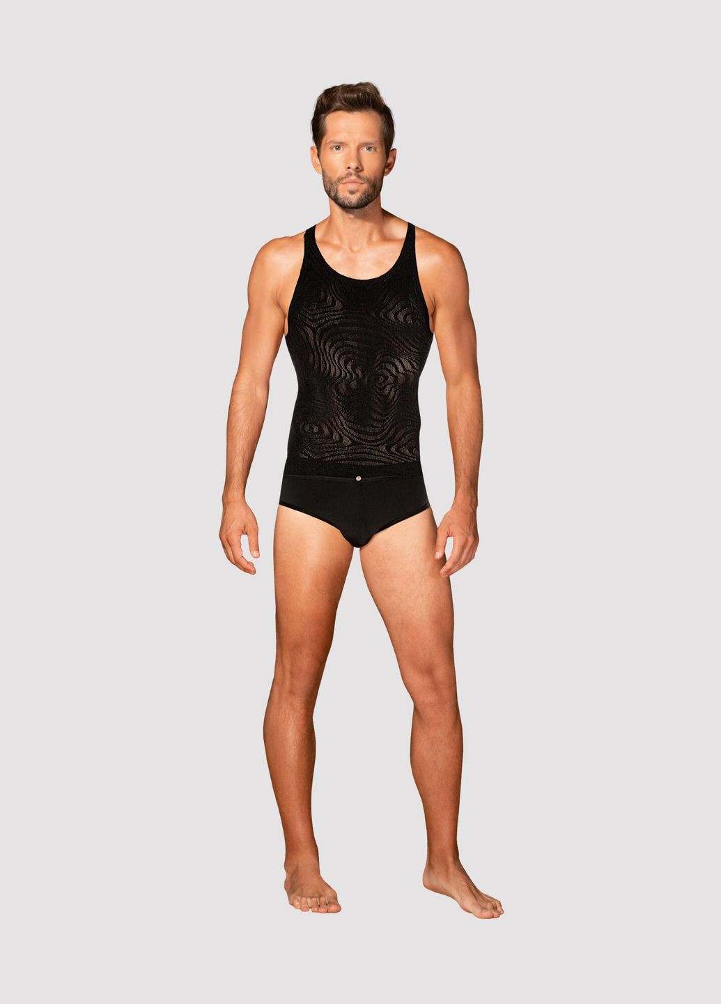 Чоловіча напівпрозора майка-борцовка з візерунком T103 tank top, чорна, S/ /L Obsessive (371388862)